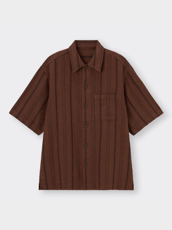 リネンブレンドシャツ(5分袖)(ストライプ)(セットアップ可能)