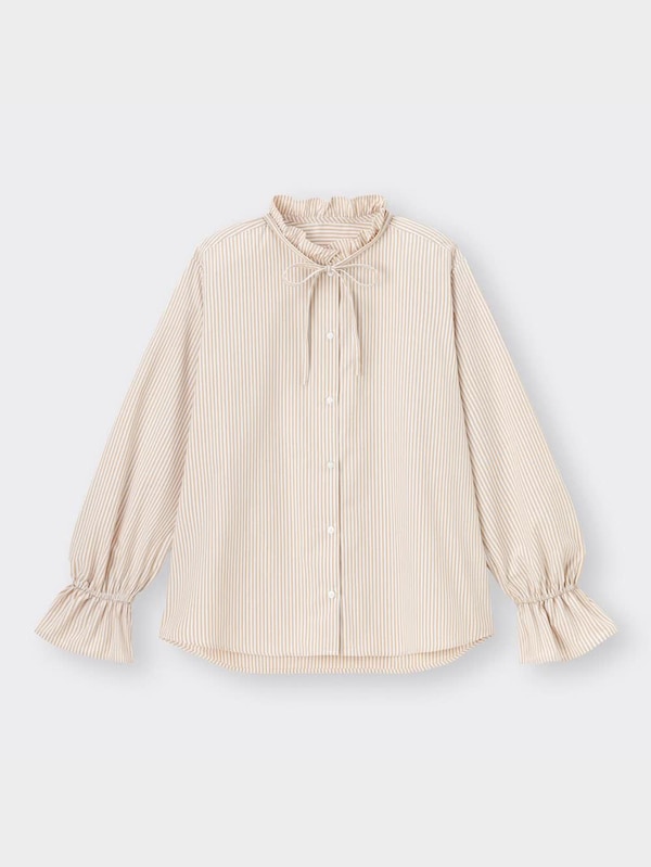 ストライプフリルネックブラウス(長袖)