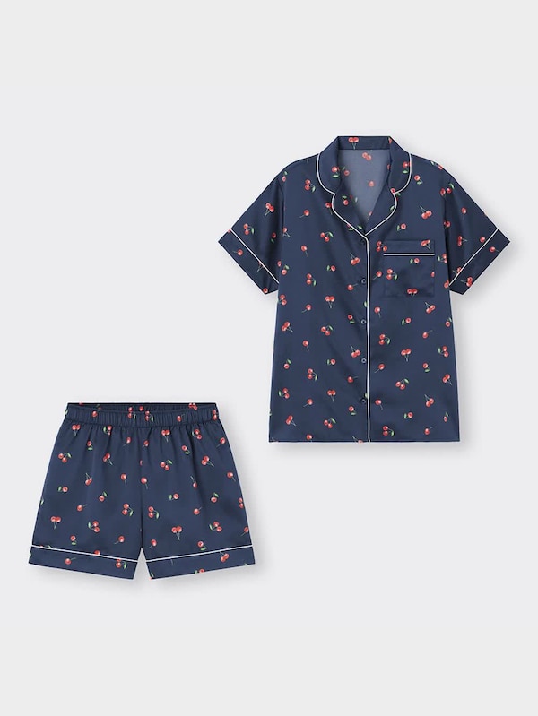 サテンパジャマ(半袖&ショートパンツ)(チェリー)