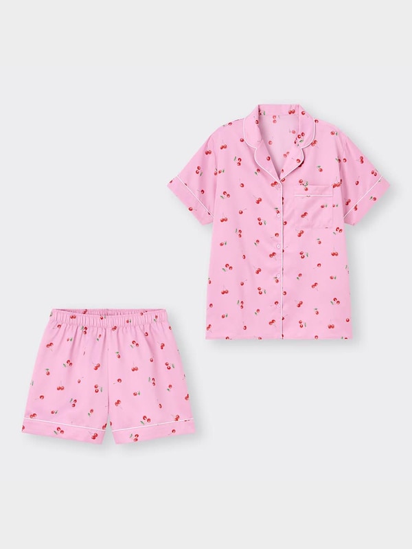 サテンパジャマ(半袖&ショートパンツ)(チェリー)
