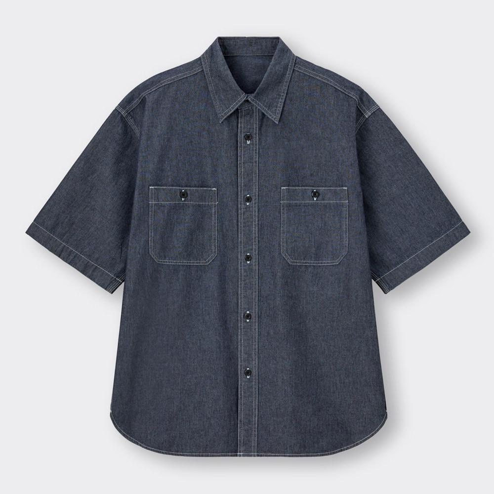 デニムオーバーサイズワークシャツ(5分袖)(セットアップ可能)