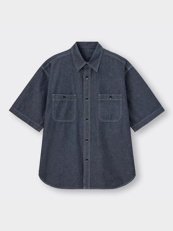 デニムオーバーサイズワークシャツ(5分袖)(セットアップ可能)