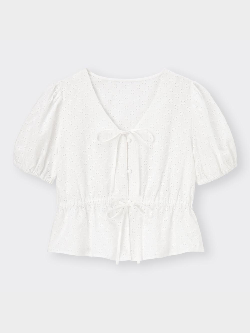 GU公式 | コットンレースリボンブラウス(半袖)YT+E