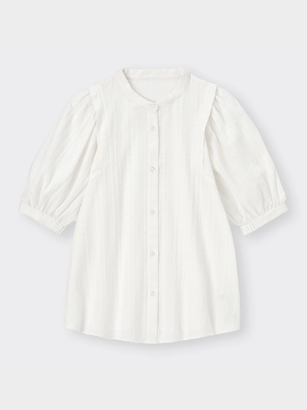 シアサッカーボリュームスリーブブラウス(5分袖)