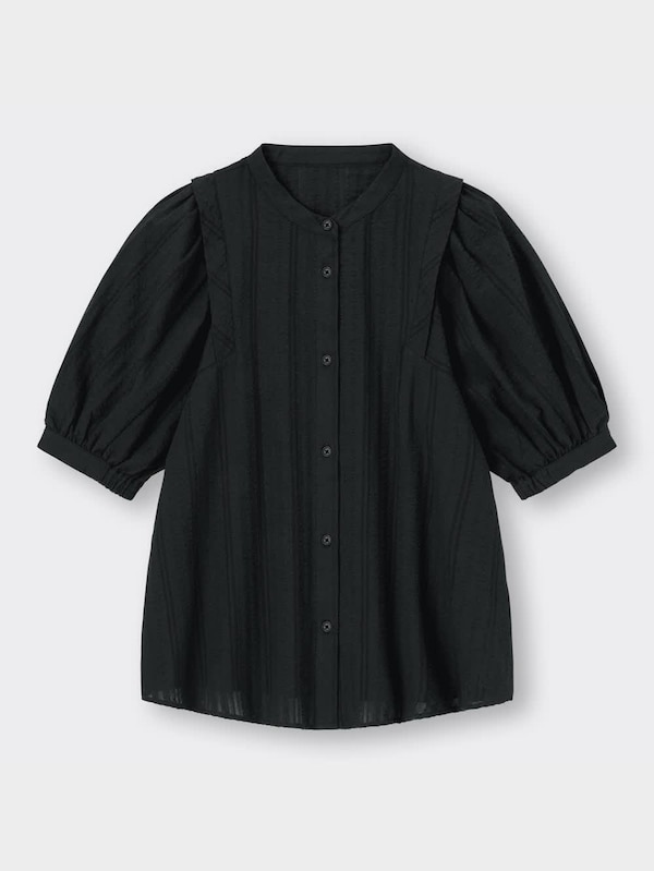 シアサッカーボリュームスリーブブラウス(5分袖)