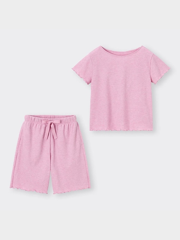 ウエストリボンワッフルラウンジセット(半袖&5分丈)