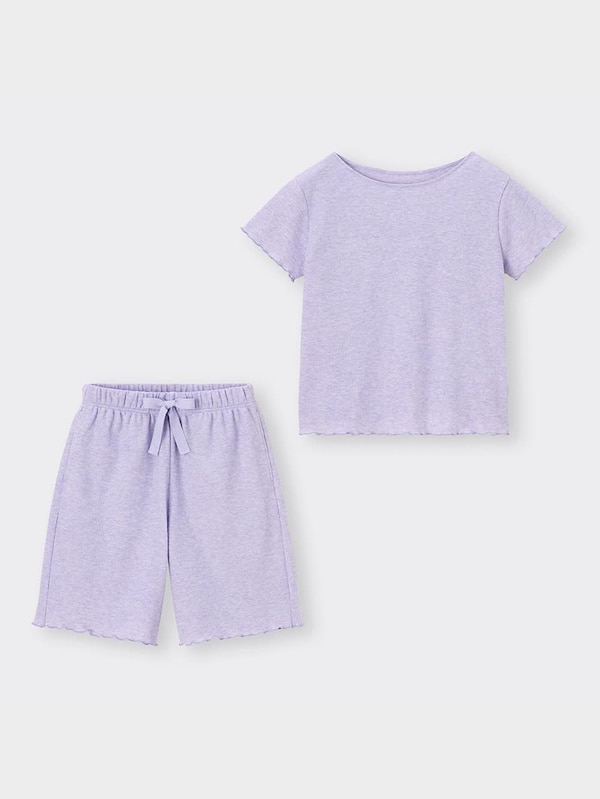 ウエストリボンワッフルラウンジセット(半袖&5分丈)