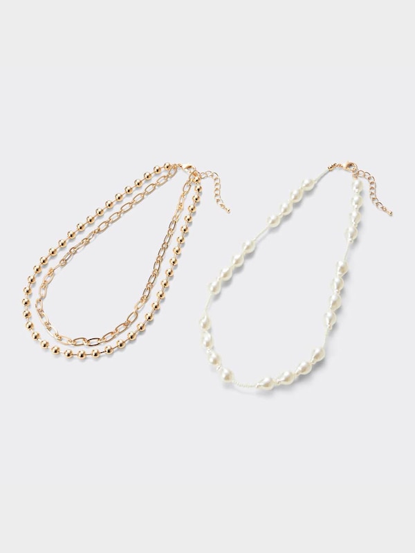 パールライク&メタルボールネックレスセット