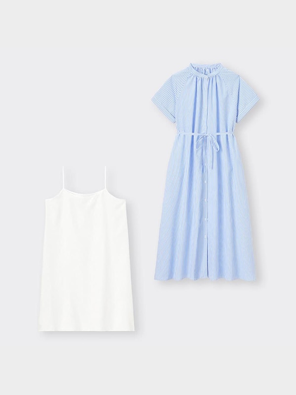 ストライプバンドカラーシャツワンピース(半袖)