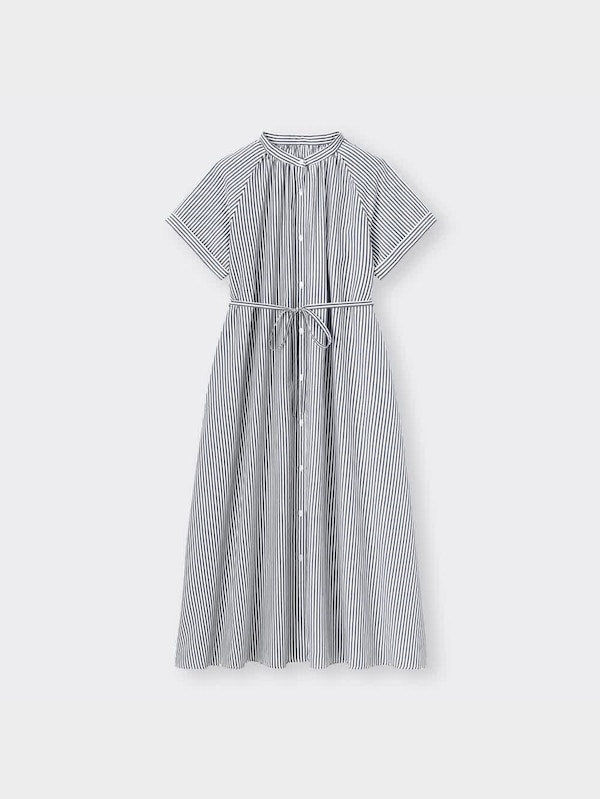 ストライプバンドカラーシャツワンピース(半袖)