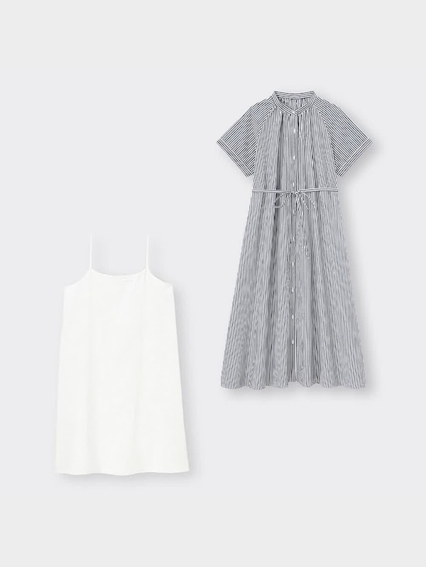 ストライプバンドカラーシャツワンピース(半袖)+EC(丈短め109cm～118cm)