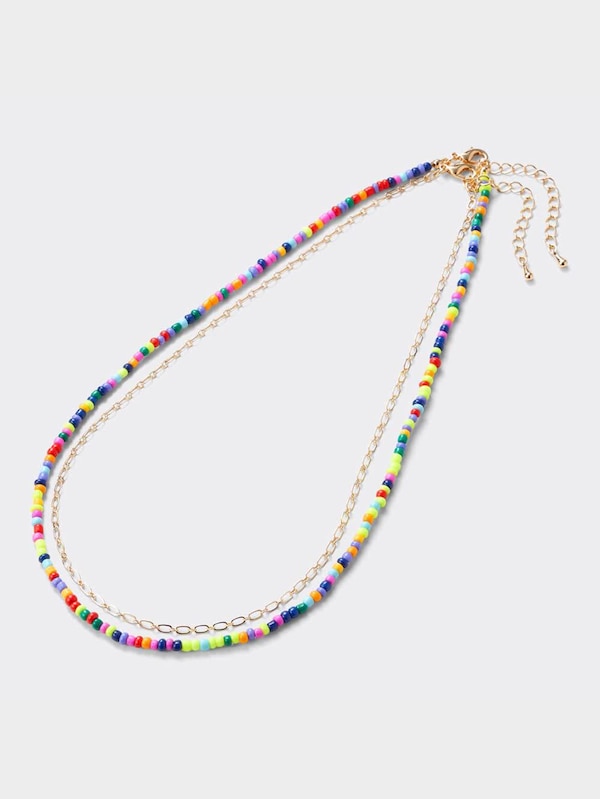 カラービーズ&チェーンネックレス