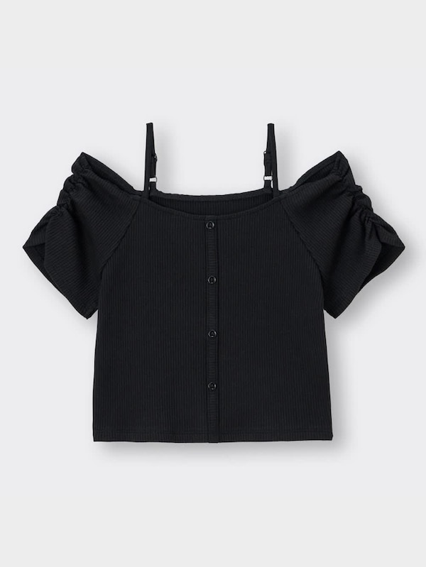 リブフロントボタンオフショルダーT(半袖)Q