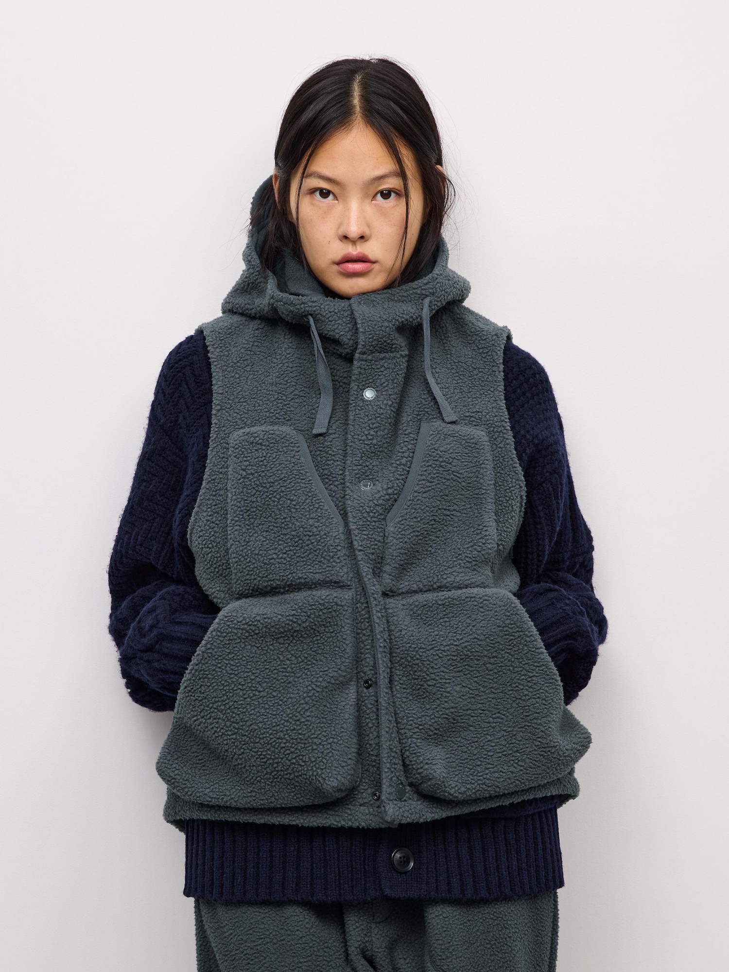 最終値下げ Engineered Garments ベスト フーディ ネイビー GU公式 | フリースフーデッドオーバーサイズベスト ENGINEERED