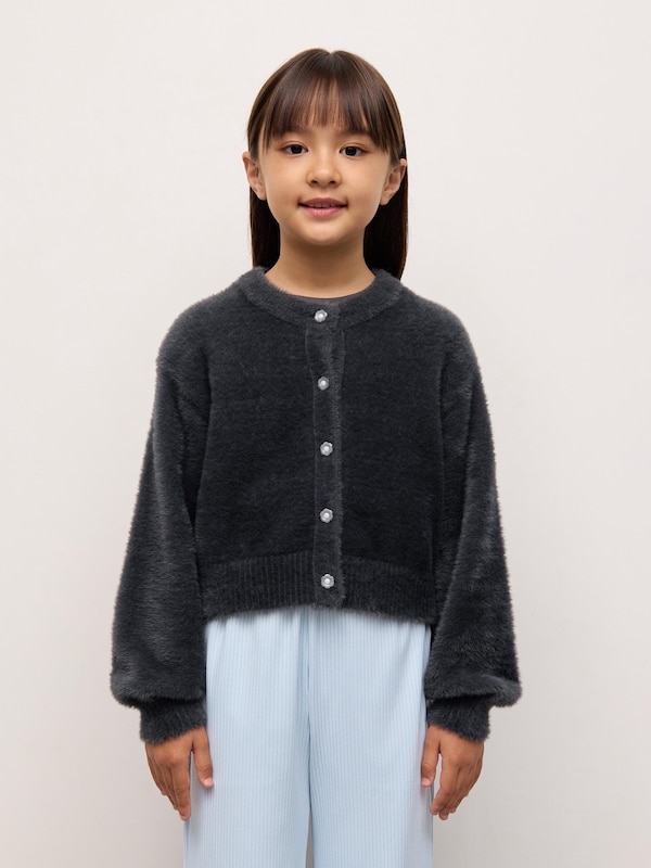 GIRLSフェザーヤーンフラワーボタンカーディガンCZ