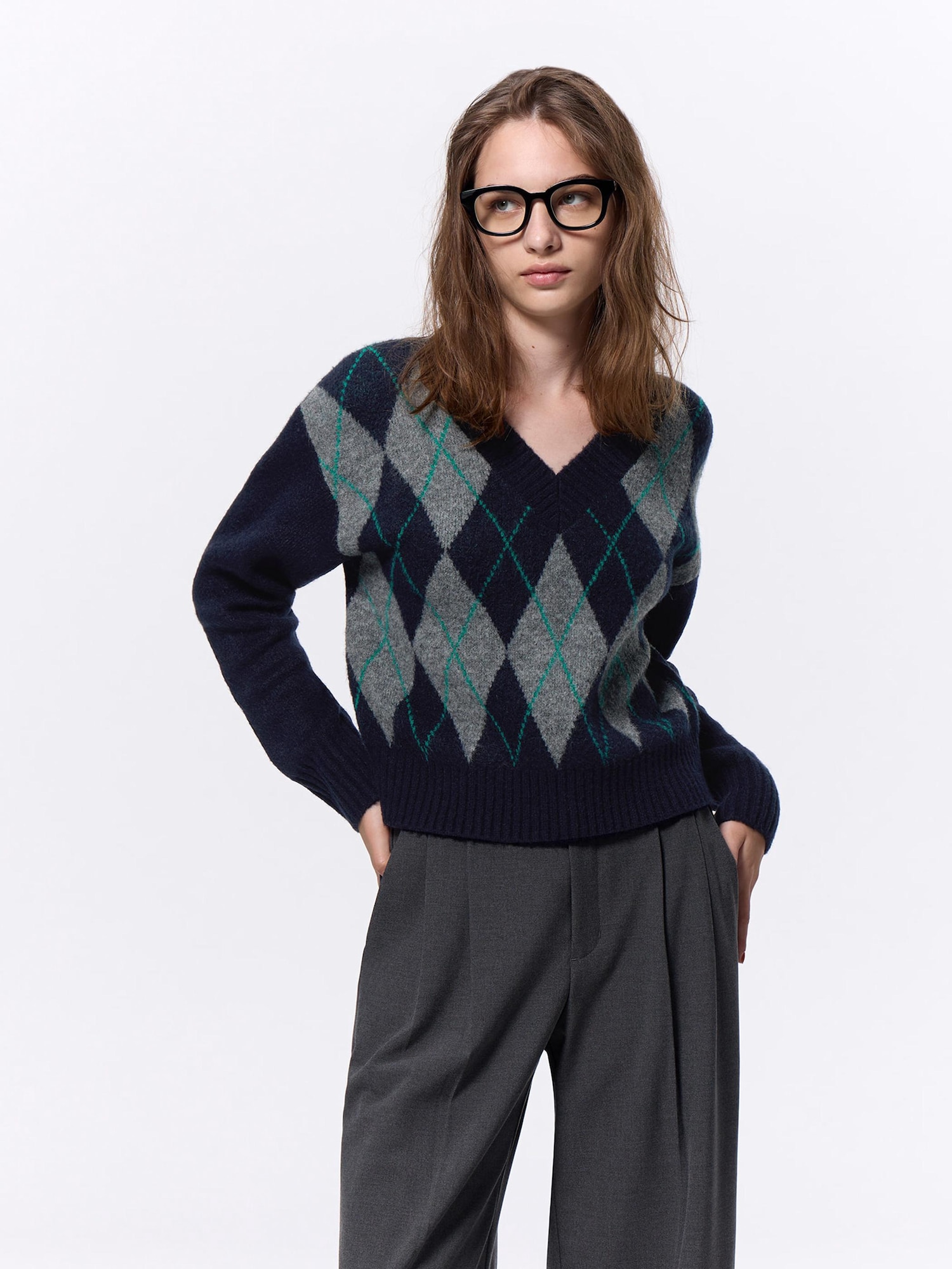 Puffy Touch Argyle V Neck Short Sweater | GU US