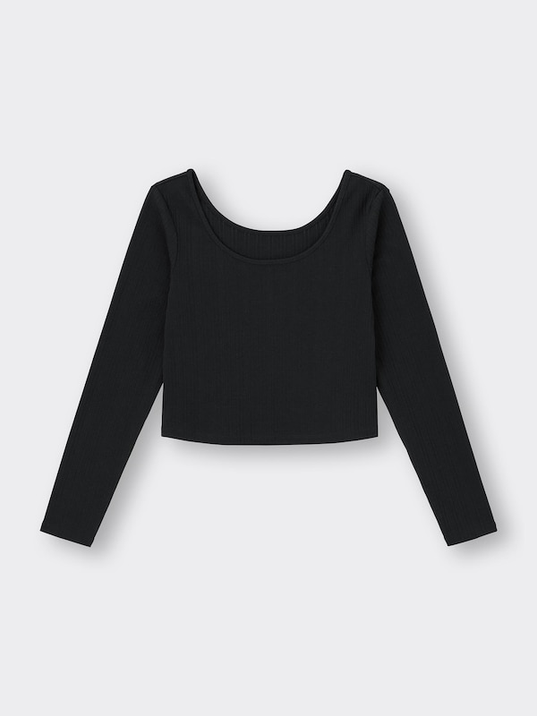 Cotton Blend Ribbed Cropped Wide Neck T-Shirt