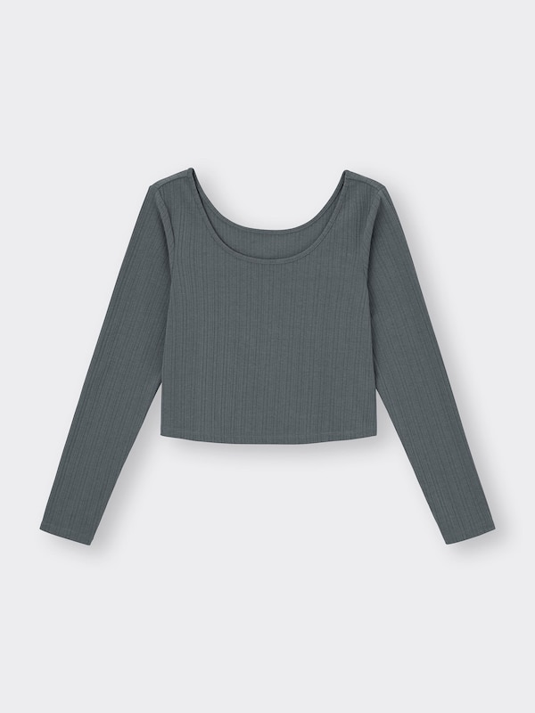 Cotton Blend Ribbed Cropped Wide Neck T-Shirt