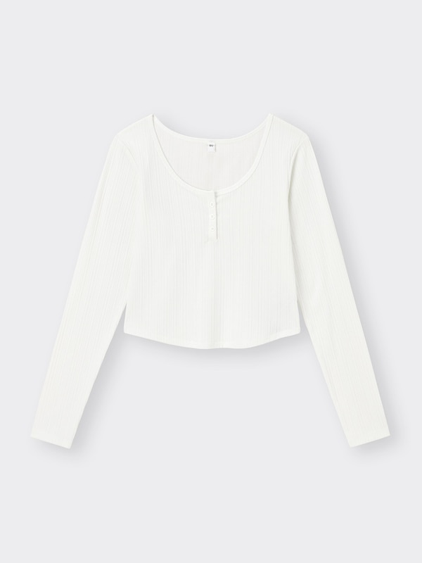 Cotton Blend Ribbed Cropped Henley T-Shirt