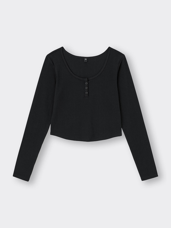 Cotton Blend Ribbed Cropped Henley T-Shirt