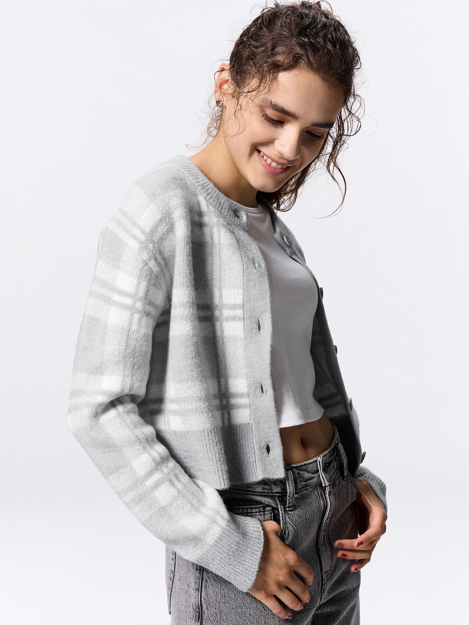 Puffy Touch Checked Crew Short Cardigan | GU US