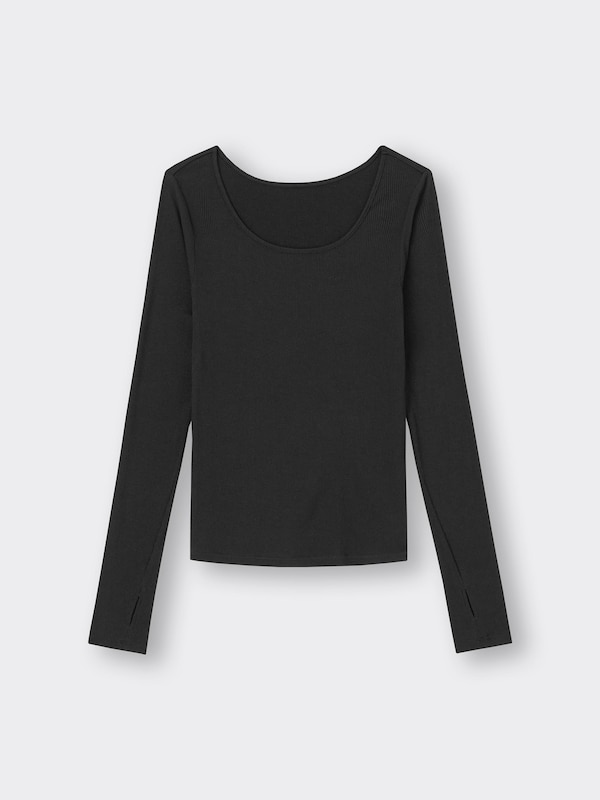 Stretch Ribbed U Neck T-Shirt Long Warm