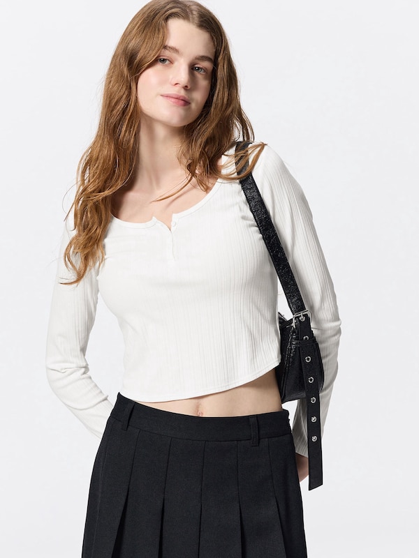 Cotton Blend Ribbed Cropped Henley T-Shirt