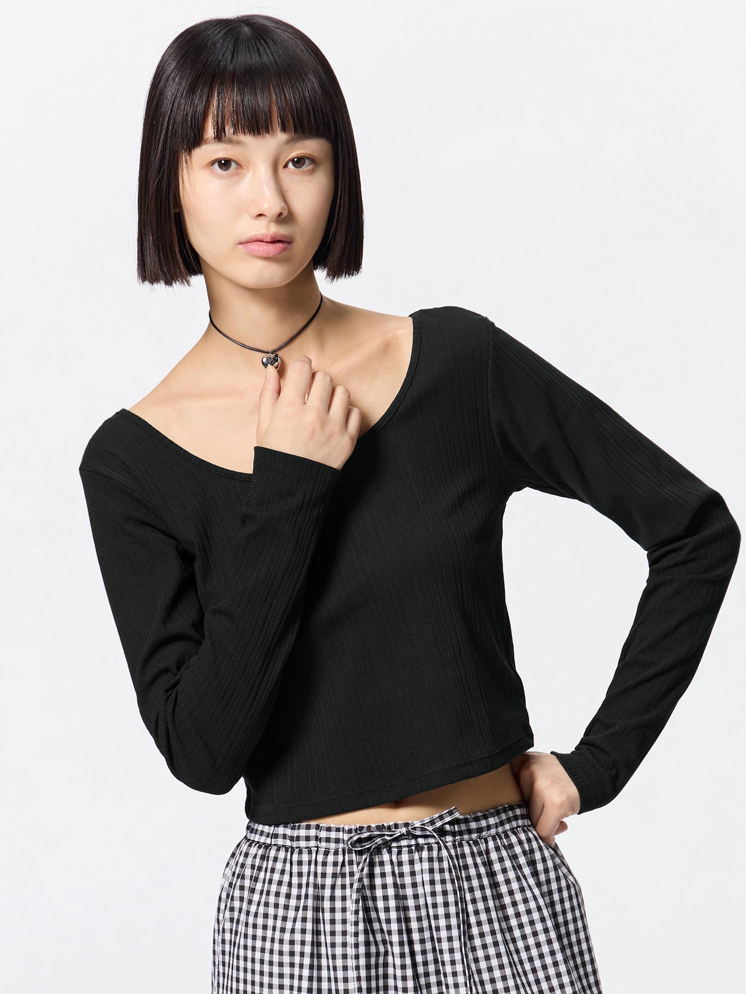トップス chiepita Cotton Blend Ribbed Cropped Wide Neck T-Shirt | GU US