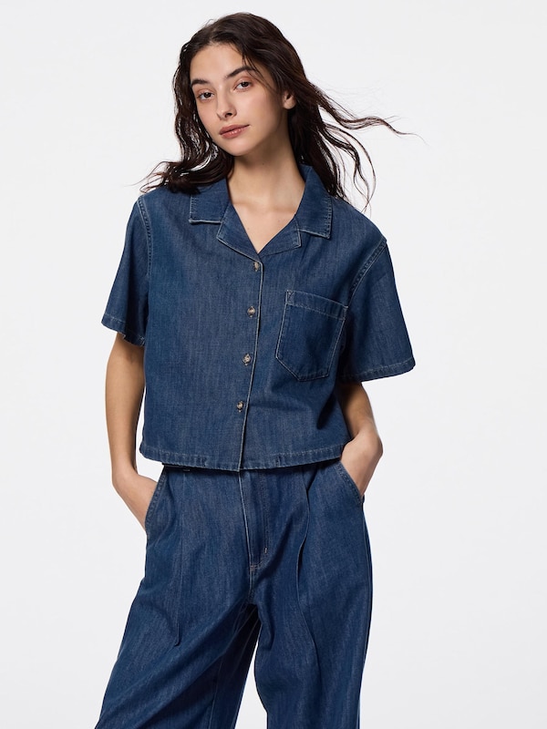 Light Denim Open Collar Shirt | Short