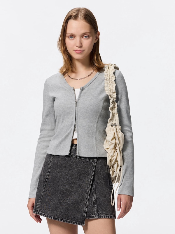 Ribbed Double Zip V Neck Cardigan