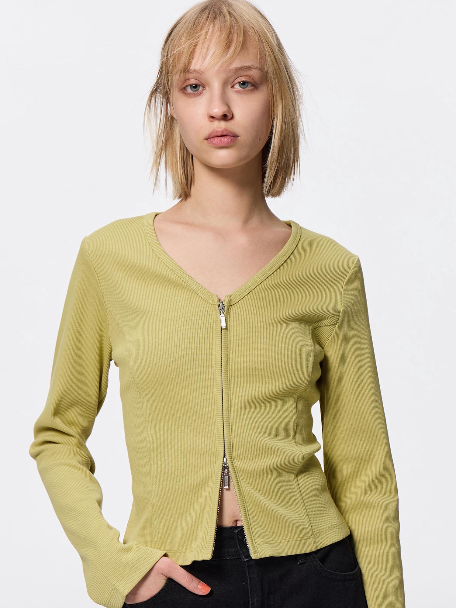 Ribbed Double Zip V Neck Cardigan | GU US