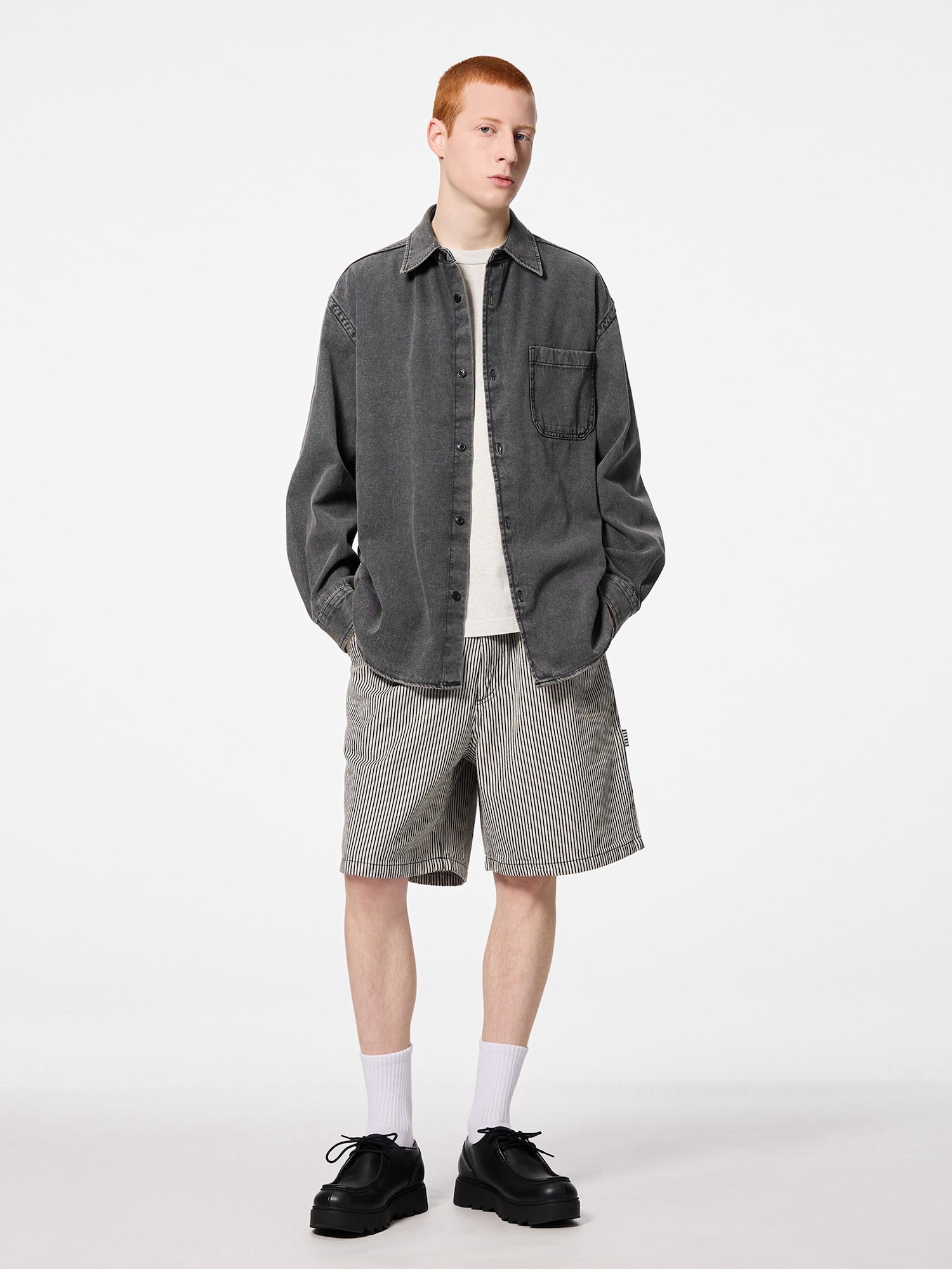 B.D. L/S WASHED SHIRT　C-GRAY Washed T-Shirt, Charcoal Gray, Oversized Fit (US, Alpha