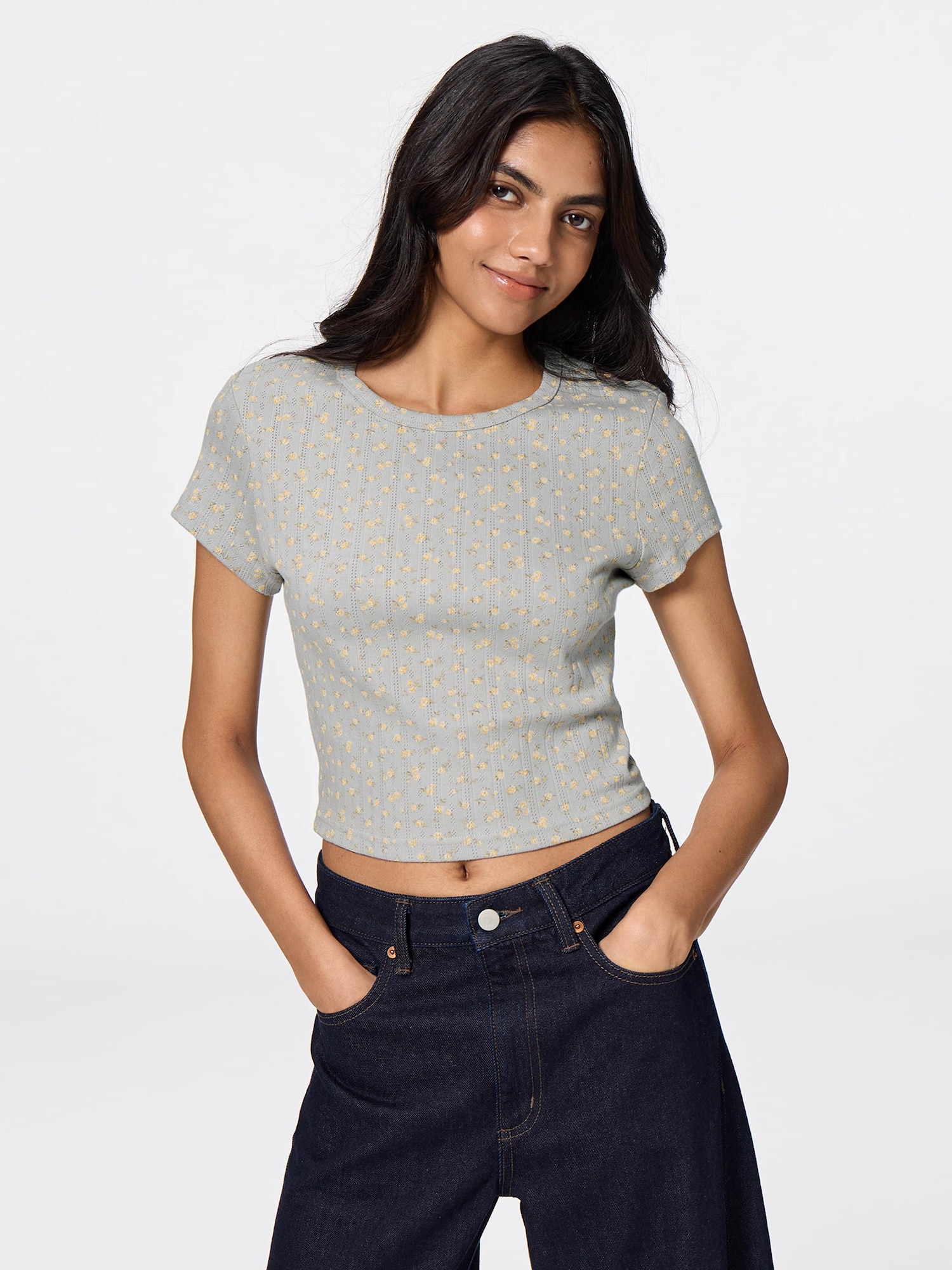 Pointelle Flower Printed T-Shirt | GU US