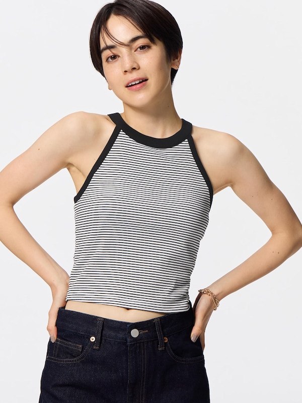 Bra-Feel Cropped Halter Neck Tank Top | Striped