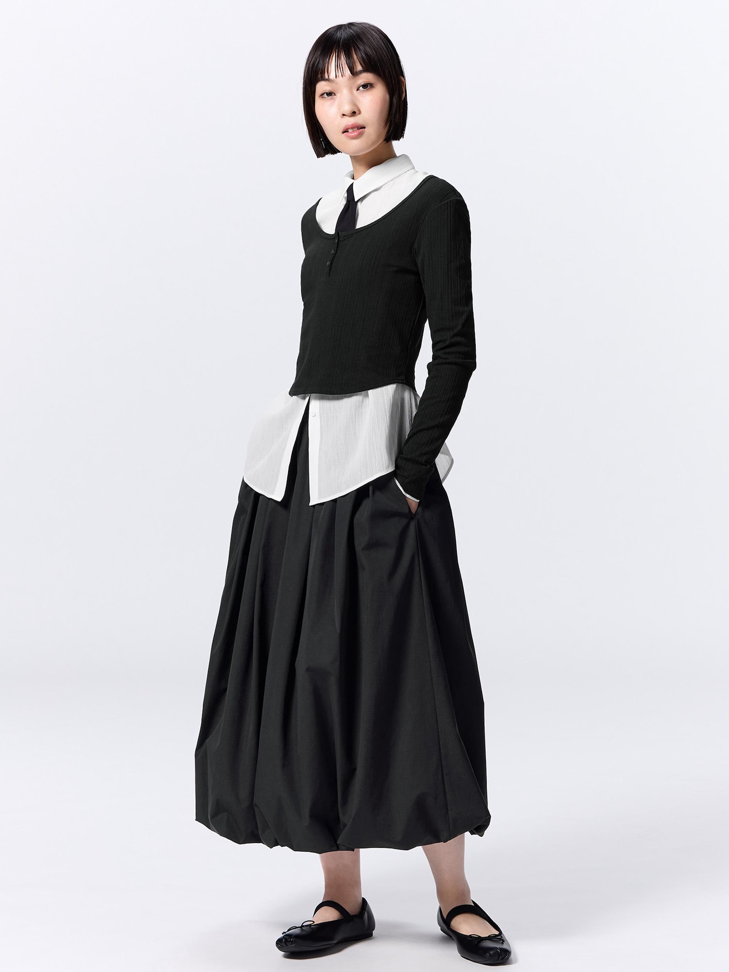 ハイロー ヘム ミディ スカート Hazuki - Front Ribbon Cardigan Outfit | StyleHint