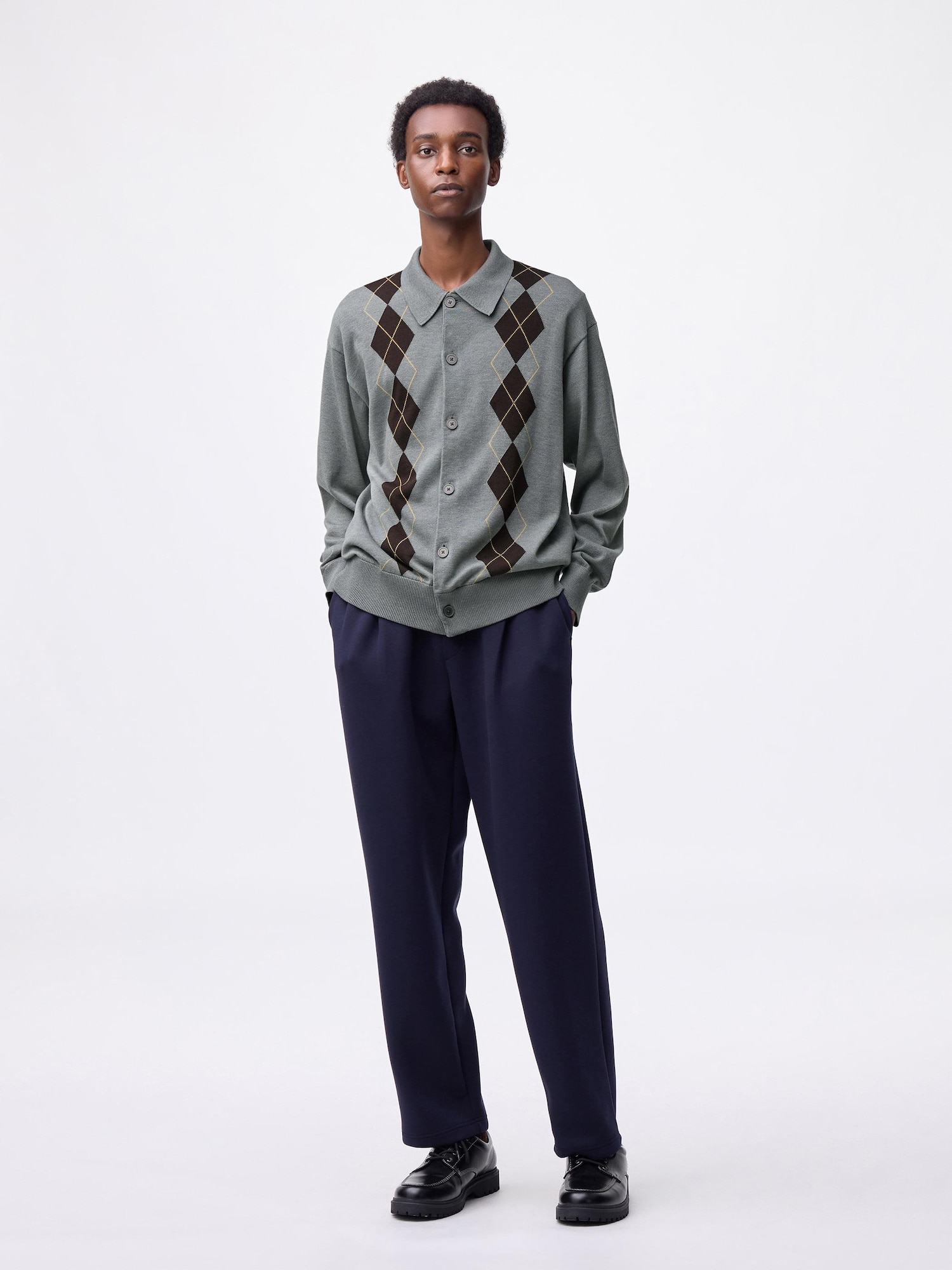 GIBOUS BORDER KNITPOLO GRAY×BLACK Knitted Polo Cardigan | Argyle | GU US