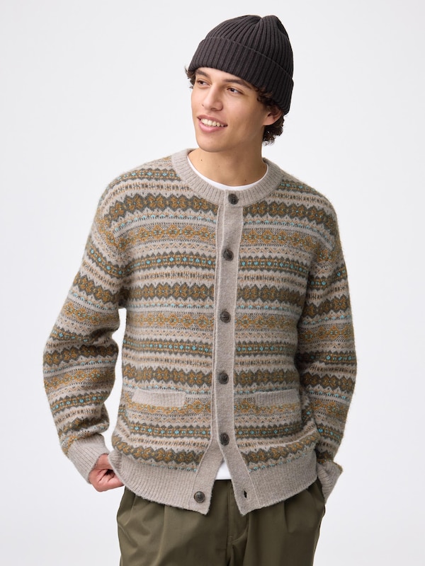 Puff Knit Fair Isle Crew Neck Cardigan