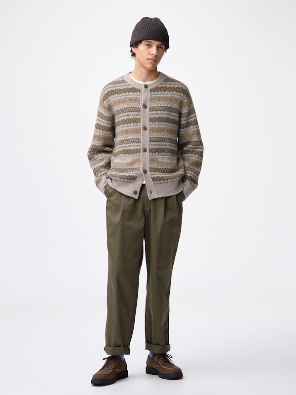 Puff Knit Fair Isle Crew Neck Cardigan