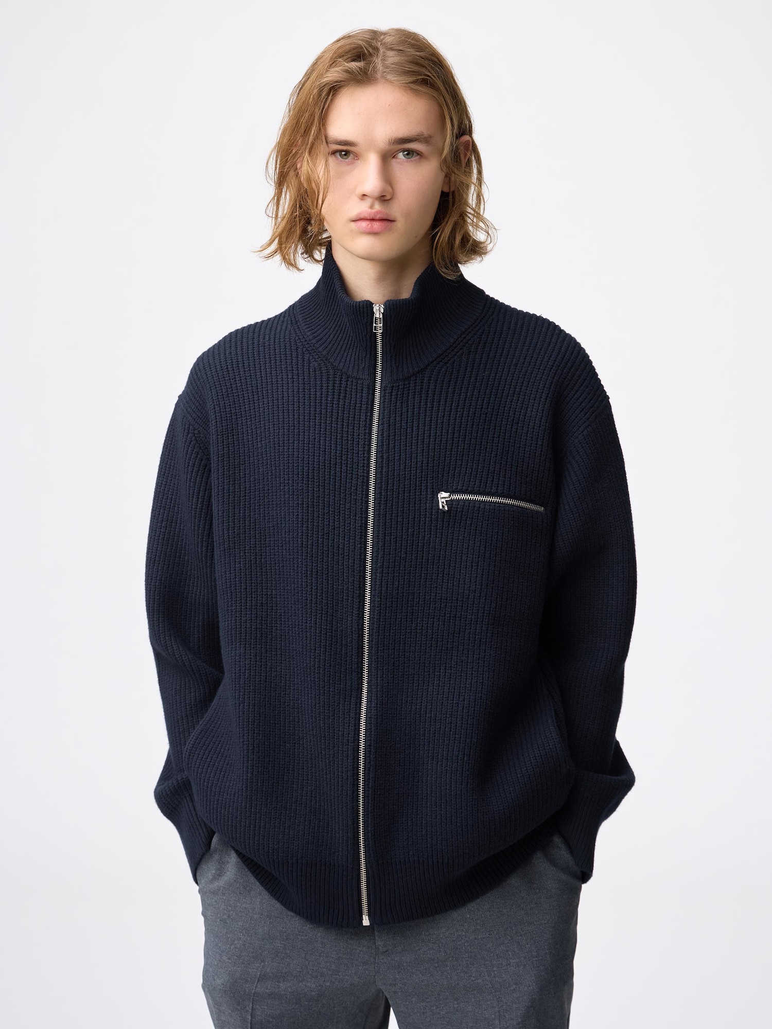 ジャケット・アウター high neck diagonal zip wool jacket Men's Rib Stitched Full-Zip Knitted Jacket | GU US