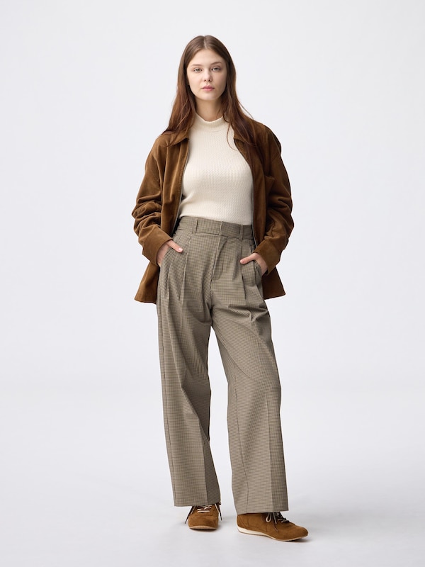 Pleated Wide Checked Pants