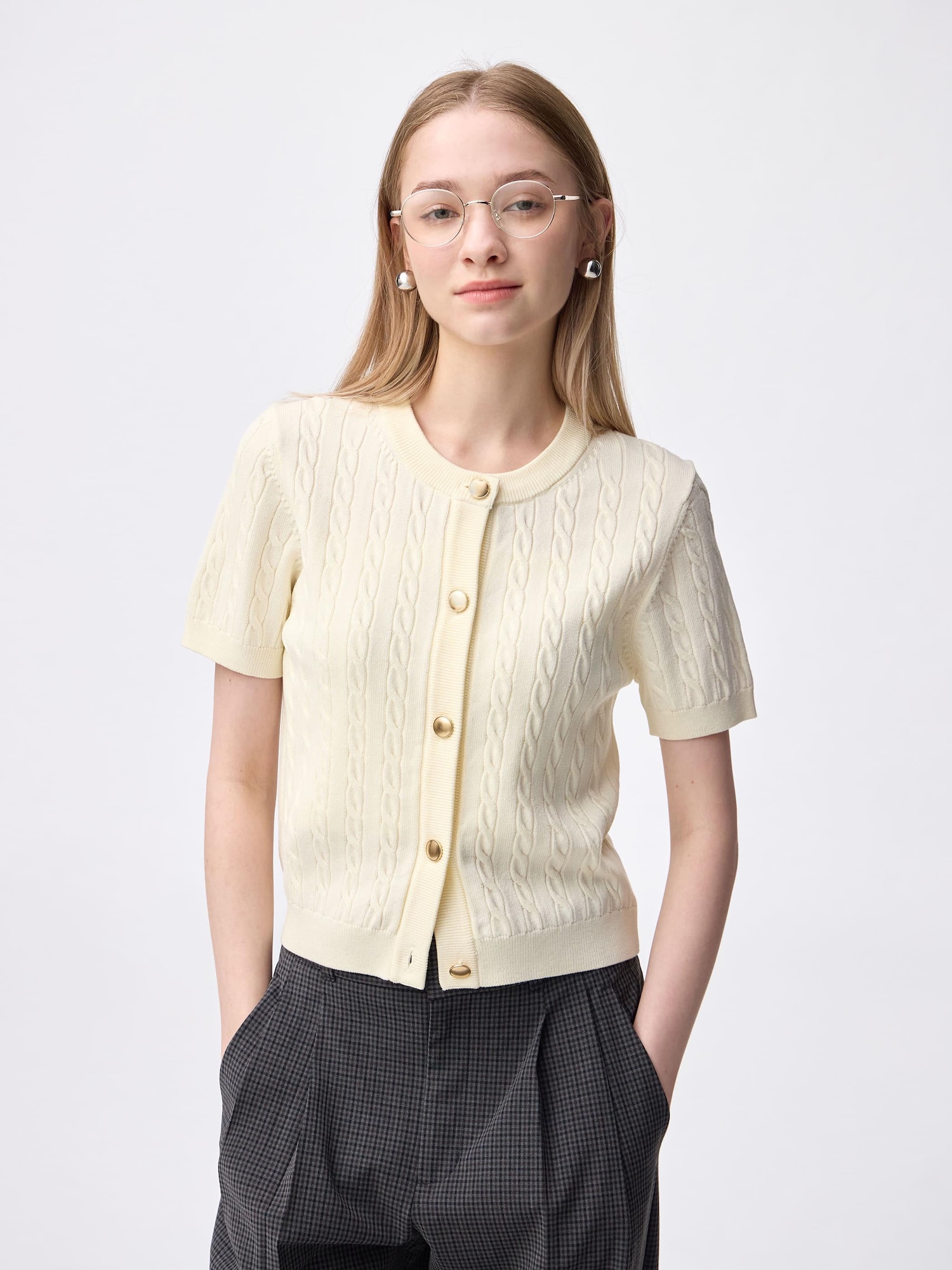 Cable Metal Button Cardigan | Short | GU US