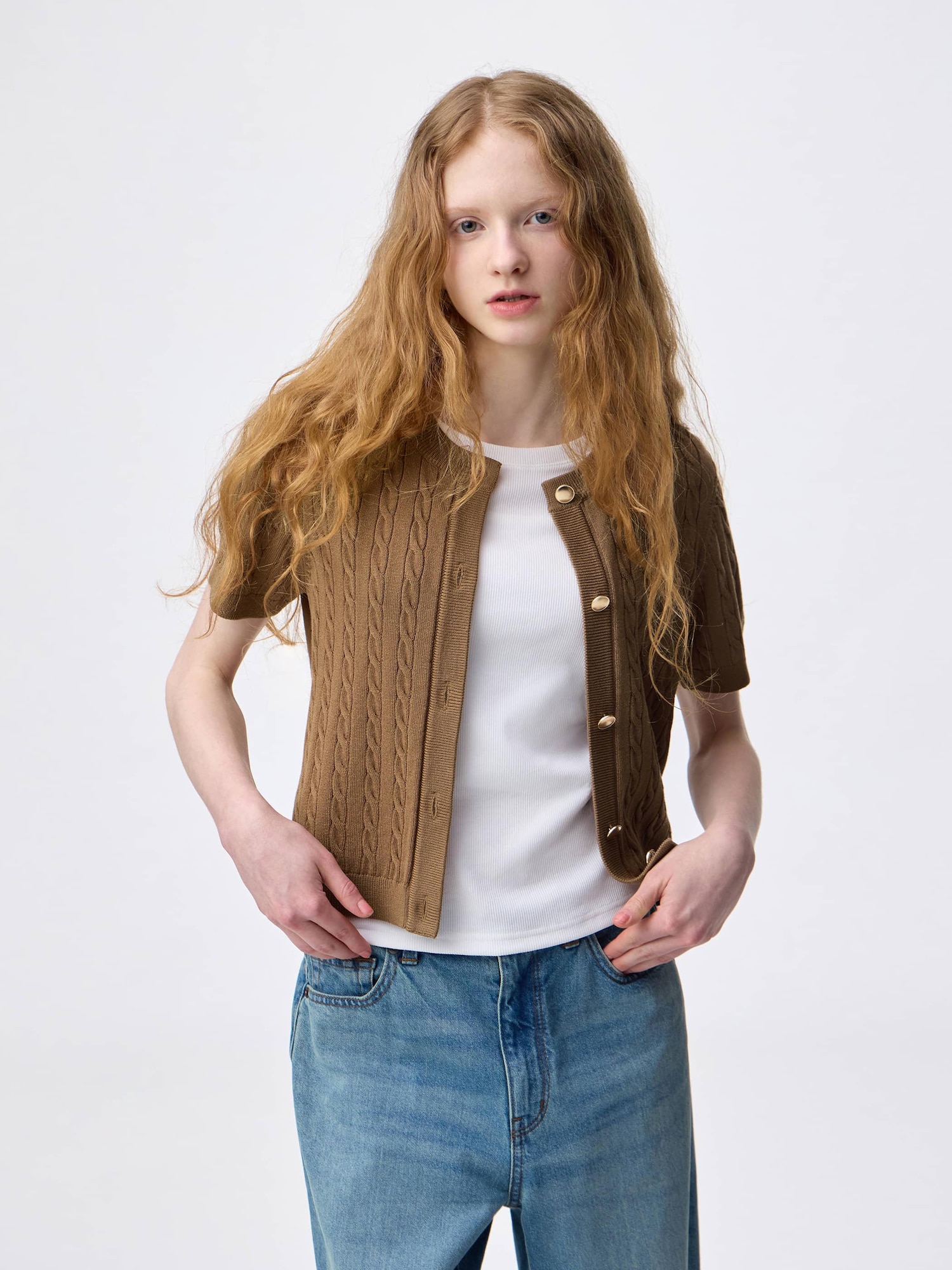 くちゃページ Cable Metal Button Cardigan | Short | GU US