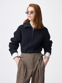 Flecked Half-Zip Knitted Pullover