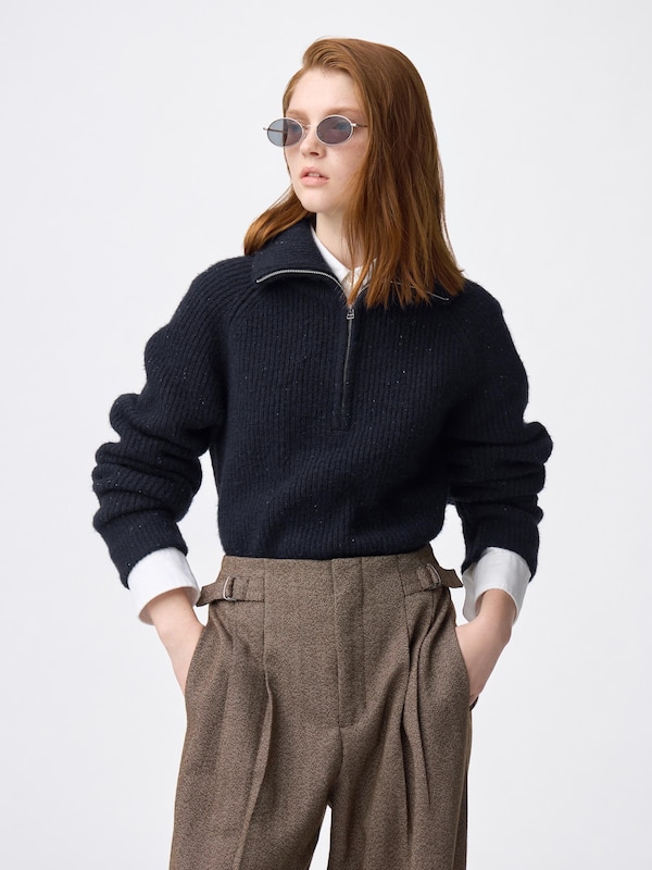 Flecked Half-Zip Knitted Pullover