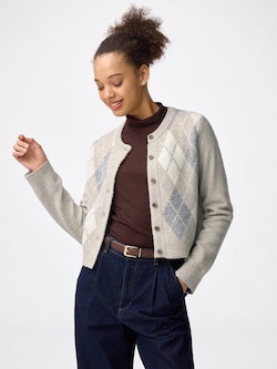 Puffy Touch Knit Argyle Crew Neck Cardigan