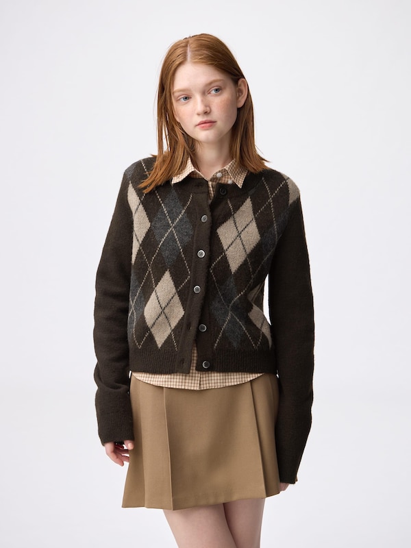 Puff Knit Argyle Crew Neck Cardigan