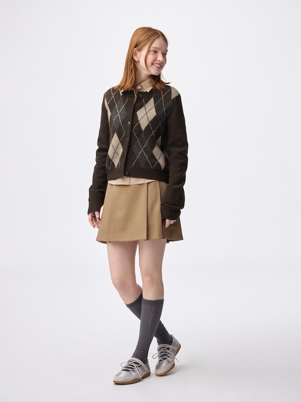 Puff Knit Argyle Crew Neck Cardigan
