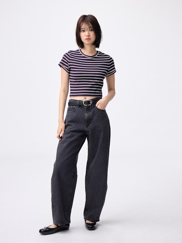 Ribbed Multi-Striped Cropped T-Shirt