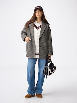 COZY MELTON Checked Half Coat