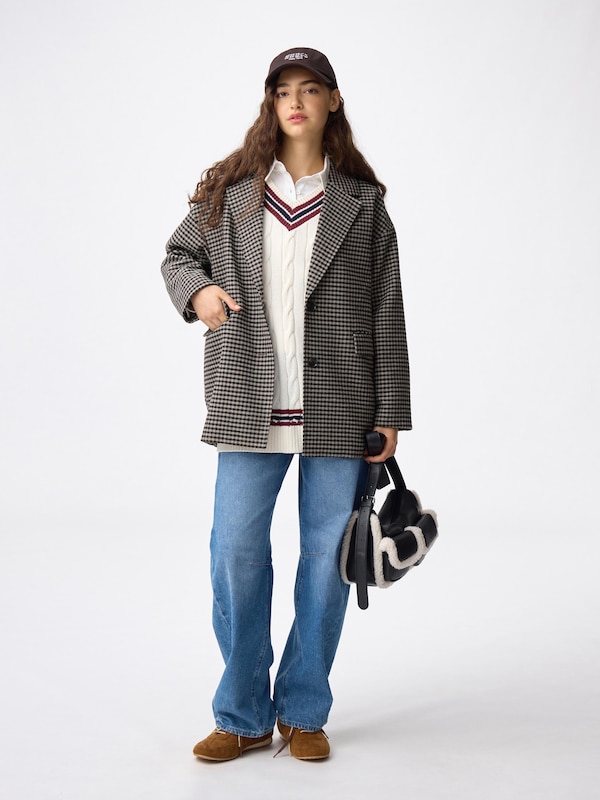 COZY MELTON Checked Half Coat